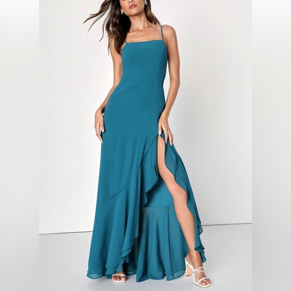 Lulu’s “Unforgettable Allure” Dark Teal Backless Tiered Maxi Dress - Picture 1 of 5
